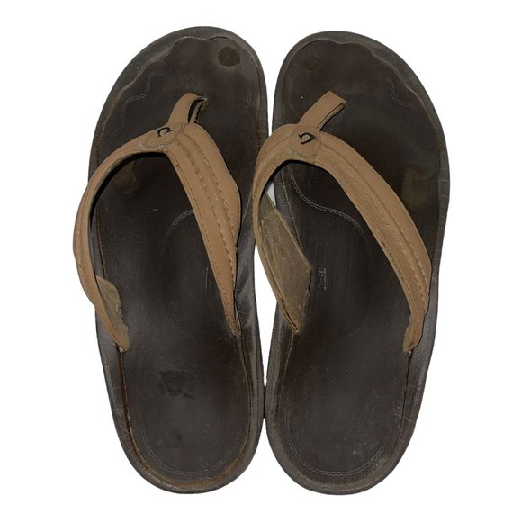 Olukai Brown Leather Thong Flip Flops Sandals Men's 15 - Picture 8 of 12